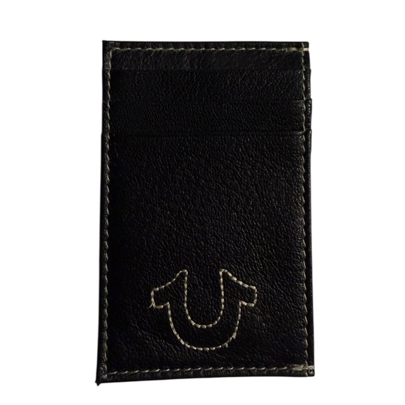 True Religion Magnetic Black Leather Card Holder Wallet - Picture 1 of 4